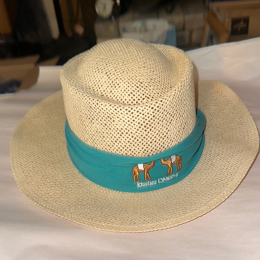 Imperial Headwear Straw Hat Made In USA, Beige Straw Hat, Teal Band, Like New.